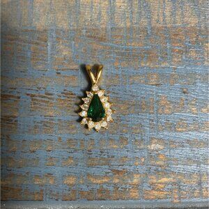 Gold Tone Emerald Green & Clear Rhinestone Teardrop Pendant
